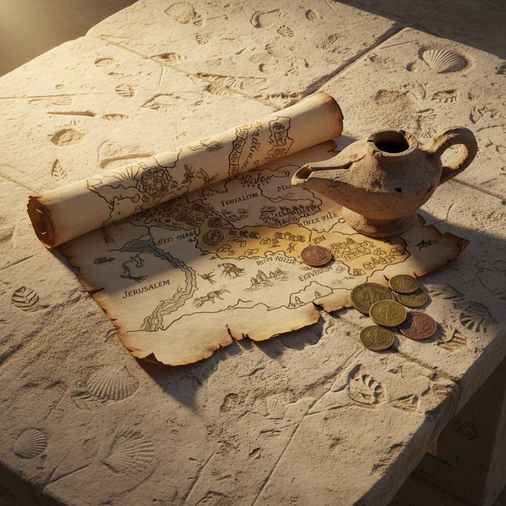 A stone tabletop resembling ancient limestone, dotted with faint fossil patterns, holds a rolled parchment-style scroll partially unfurled to reveal hand-drawn biblical map illustrations in muted ink tones. Beside it sits a clay oil lamp, unlit but detailed with weathered edges, and a small pile of realistic replica coins from the Roman period. Fine grains of desert sand lightly dust the surface. Warm, golden-hour light streams from the upper left, casting long, soft shadows and emphasizing the textures of stone, clay, and parchment. Photographic realism from a slightly overhead angle with sharp focus throughout, creating a sophisticated, museum-like atmosphere that hints at the historical world behind the biblical text.