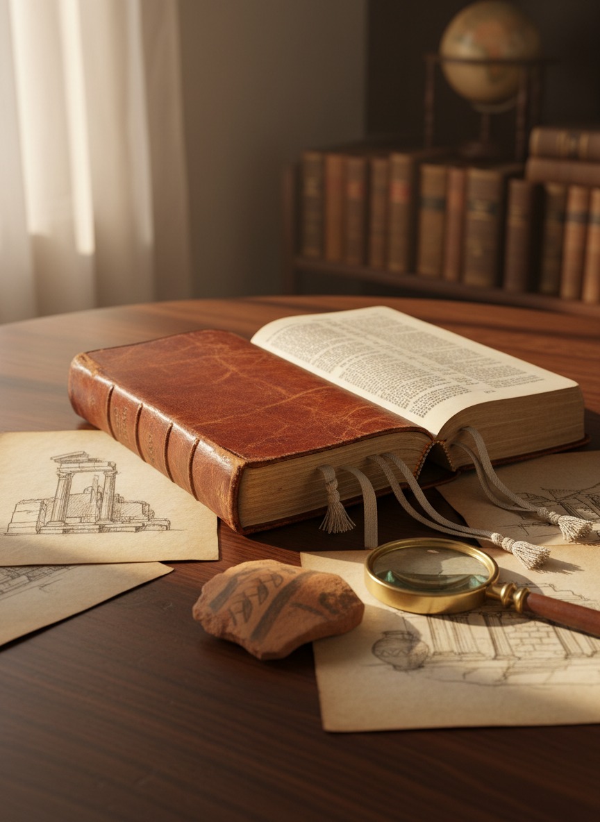 An open, well-worn leather-bound Bible resting on a dark walnut table, its gilded page edges softly reflecting light. Several delicate, cream-colored bookmarks peek between thin, slightly curled pages printed with dense black text. Around the Bible lie a few scattered archaeological sketches, a small fragment of pottery, and a brass magnifying glass, suggesting thoughtful study. Late afternoon natural light falls in from the left, creating a warm, contemplative glow and gentle shadows across the surface. Photographic realism at an eye-level angle, with shallow depth of field that keeps the text and artifacts crisp while the background fades into a soft, sophisticated blur, evoking quiet scholarly reflection.