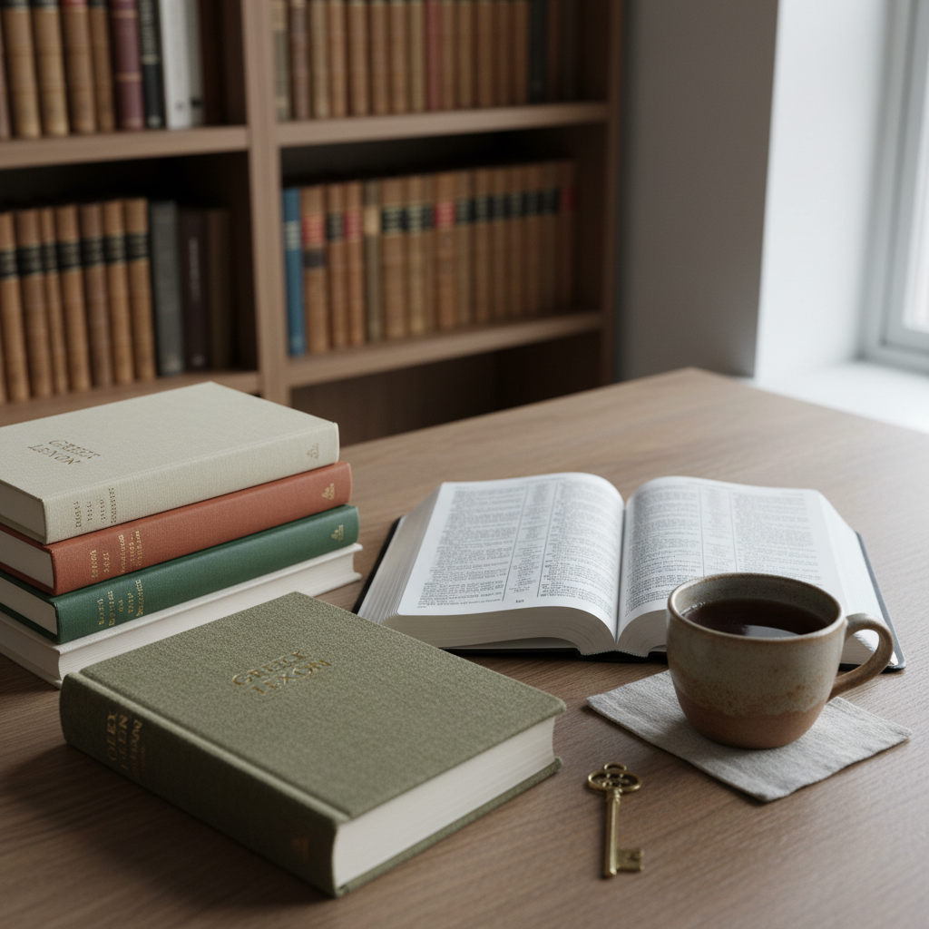 A meticulously arranged study desk featuring an open interlinear Bible, a Greek lexicon with cloth-textured cover, and a neat stack of academic commentaries with subtle, earthy-toned dust jackets. A ceramic cup of dark tea sits on a linen coaster, beside a finely crafted brass bookmark shaped like an ancient key. Behind the desk, tall bookshelves filled with leather and cloth-bound volumes stretch into a softly blurred background. Overcast window light filters in from the right, giving a cool, diffused brightness that highlights paper textures and ink details. Photographic realism with a slightly elevated, three-quarter angle, clean and modern composition, conveying a calm, intellectual atmosphere for deep Scripture exploration.