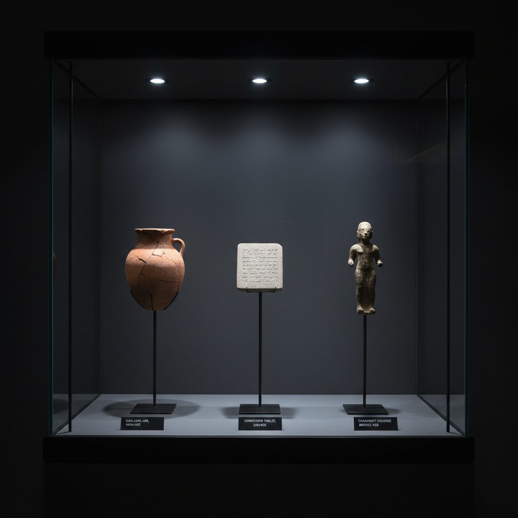 A minimalist, modern glass display case set against a deep charcoal background contains a carefully arranged trio of biblical-era artifacts: a cracked terracotta jar, a small inscribed stone tablet, and a bronze-age figurine, each mounted on slender black stands. Discreet museum-style placards with clean typography sit at the base of each object. Focused, cool-white spotlighting from above creates dramatic highlights and crisp shadows within the case, while the surrounding space falls into tasteful darkness. Photographic realism with a centered, symmetrical composition and slight low-angle perspective, emphasizing reverence and seriousness. The mood is sophisticated and contemplative, inviting viewers to consider how archaeology illuminates the world of Scripture without distraction.